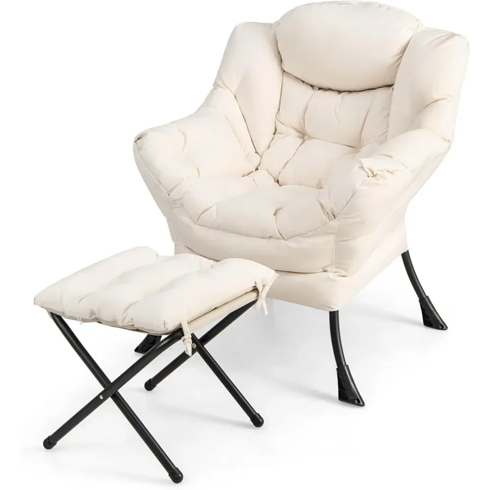 

Modern Accent Chair w/Armrests & Side Pocket, Upholstered Lounge Sofa chair and Folding Footstool Set, Reading Chair