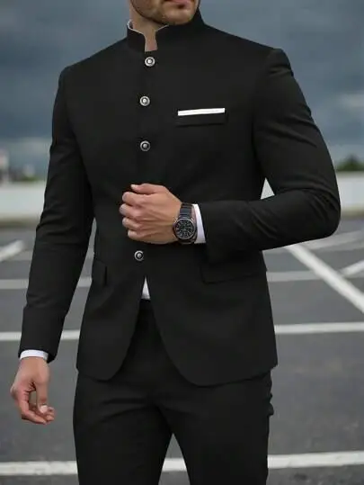 

Black Men's Suits 2 Piece Jacket Pants Sets Formal Single Breasted Stand Lapel Slim Fit Male Clothing High Quality Business Sets
