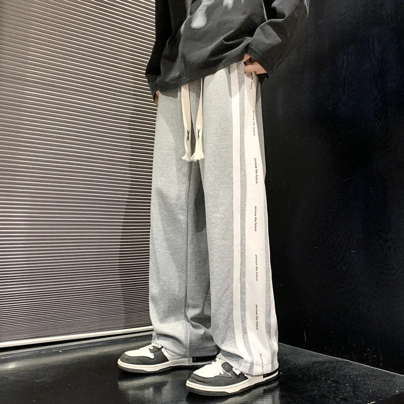 Men's Striped Solid Printed Bandage Elastic High Waisted Pockets Drawstring Loose Sports Casual Wide Leg Trousers Vintage Pants