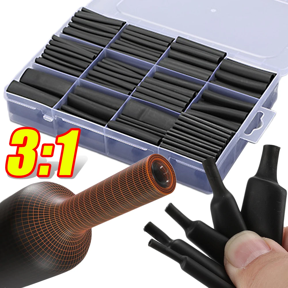 

Комплект термоусадочных трубок соотношение 3:1, черная термоусадочная трубка с клейкой подкладкой, промышленный соединитель для проводов, защитные кабельные муфты