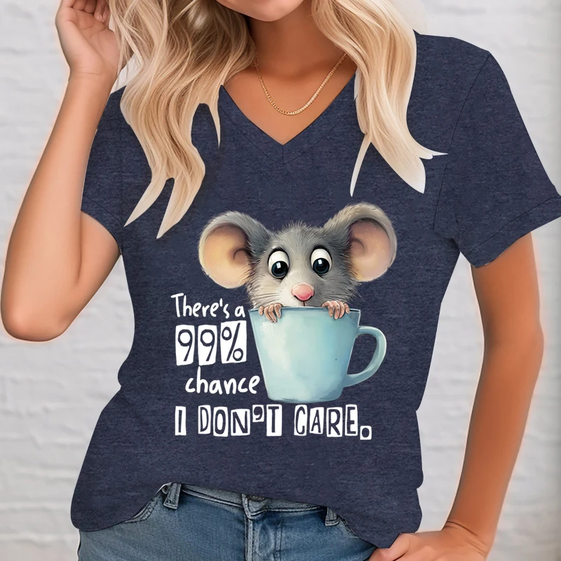 There\'s A 99% Chance I Don\'t Care Print T Shirt Women Funny Humor Animal Opossum Quotes Tops Camisas Cartoon Lady V-Neck Tshirt