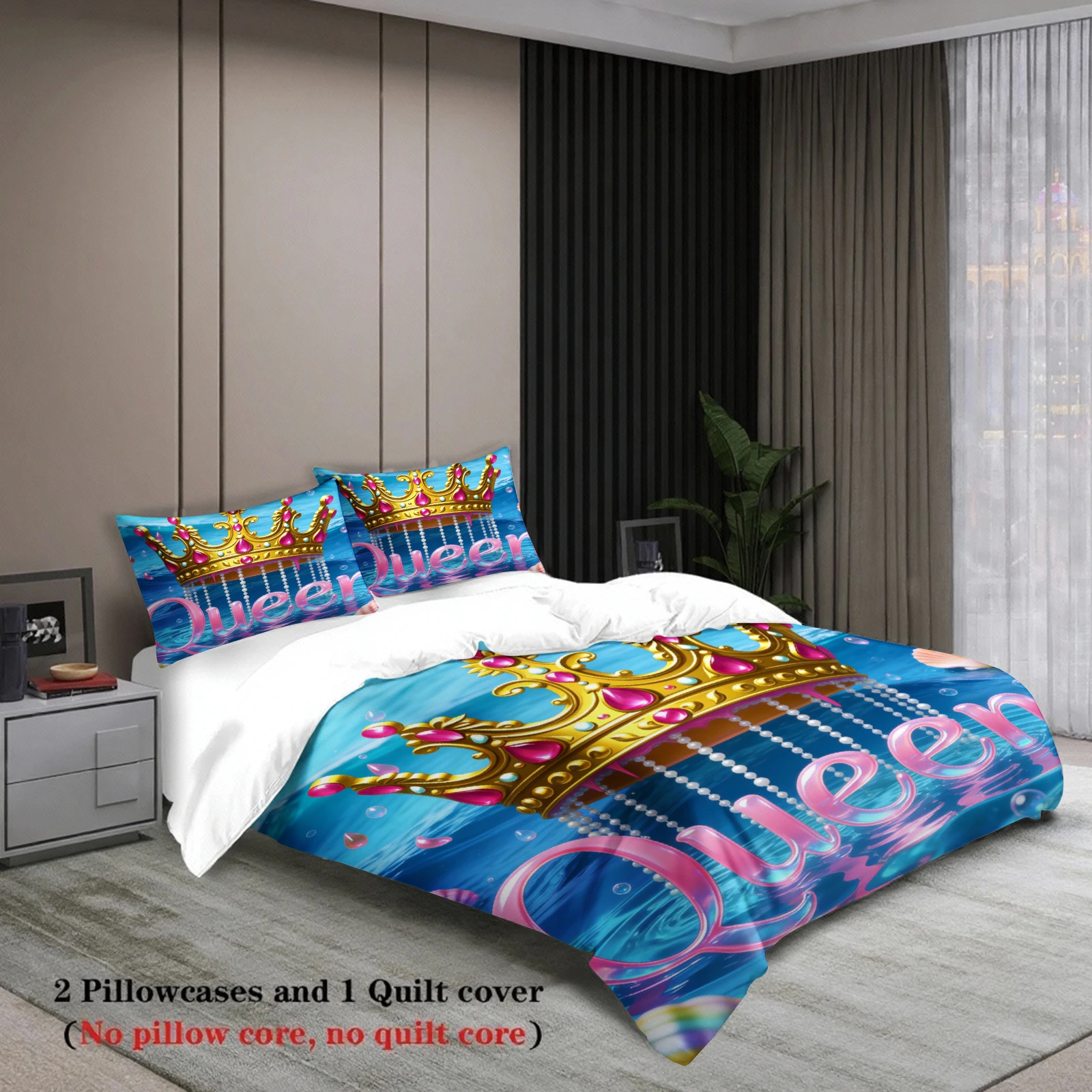 Queen And King  Bedding Set Black Gold Crown Print Bedding With Duvet Cover Pillowcases For Couples Bedroom