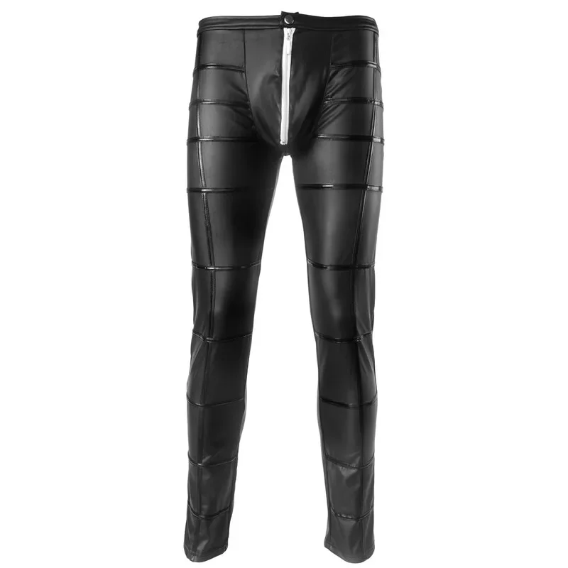 Men Wetlook Black PU Leather Pant Patchwork Open Front Zipper Design Moto Jeans Clubwear Trousers Nightclub Pants Shiny Trousers