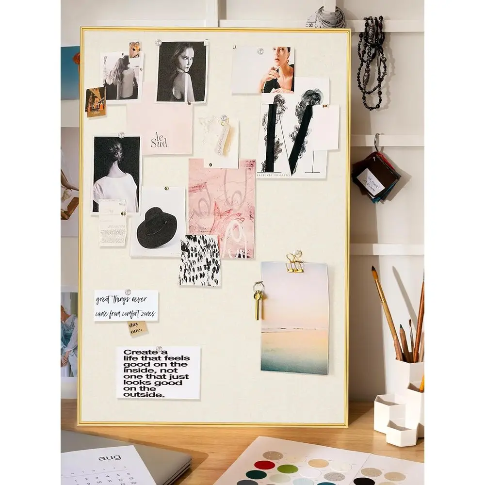 Quadro de Cortiça Branco Aveia 20x30 Polegadas com Moldura Dourada e 10 Alfinetes