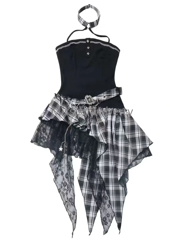 lace up tartan asymmetrical dress High Waist Plaid Asymmetric Mini Dress