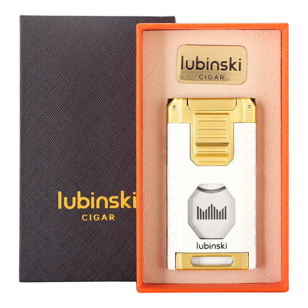 LUBINSKI Cigar Lighter With Punch Cigar Cutter Guillotine Metal Butane Gas Torch Lighter Smoking Tool