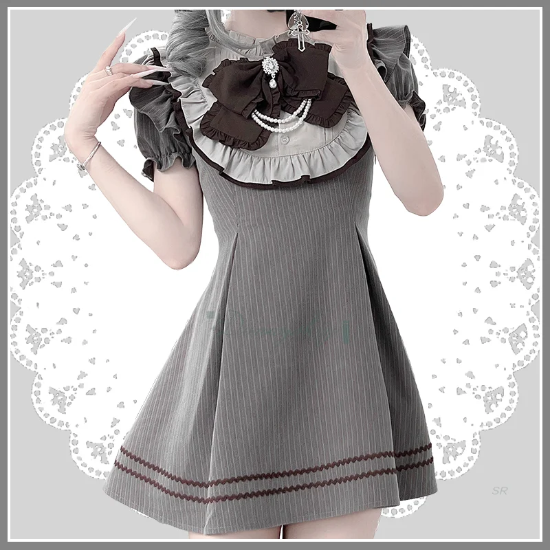 

Grey Lolita Vertical Stripes Dress Puff Sleeves Bow Tie Cute Style Full Set Party Suit 2025 Summer New Dress Y2k For Halloween