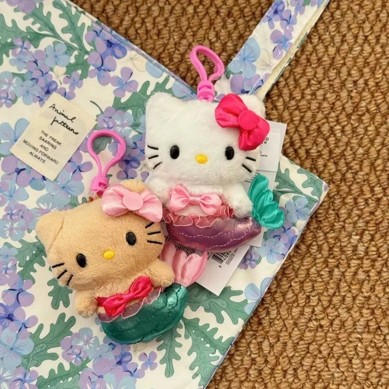 Sanrio Shiny Mermaid Hello Kitty Plush doll Keychains blink pink Kitty cat toy Pendant Anime Cartoon Mermaid Plushie Key ring