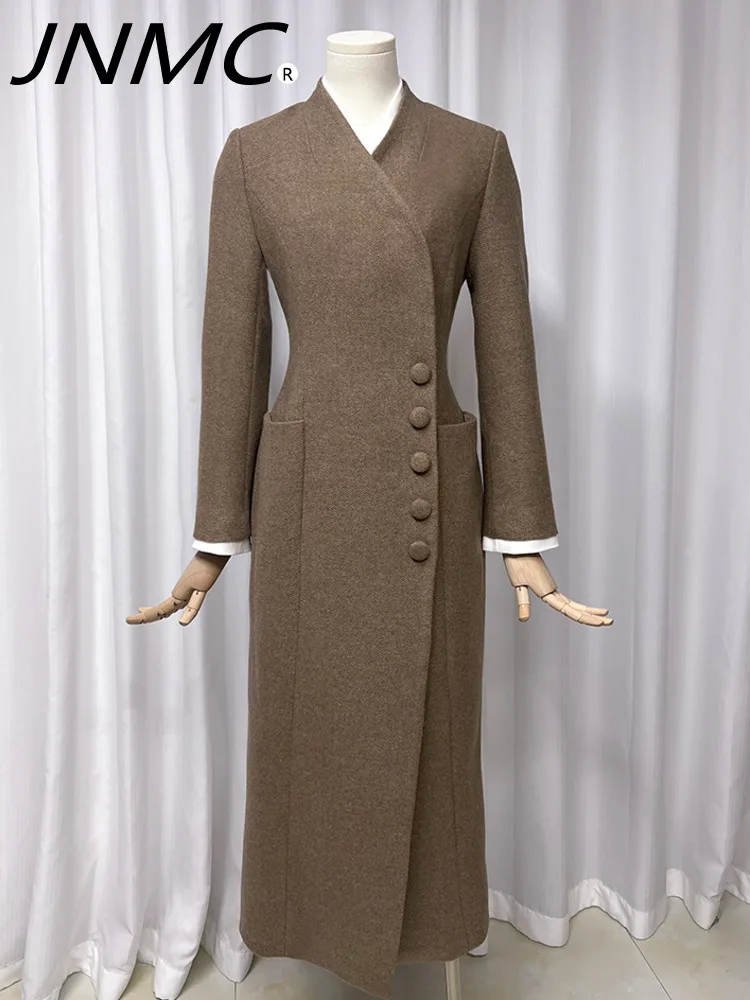 

JNMC Minimalist Temperament V-neck Camel Colored Waist Slimming Long Woolen Coat For Women 2024 Autumn Winter New Collection