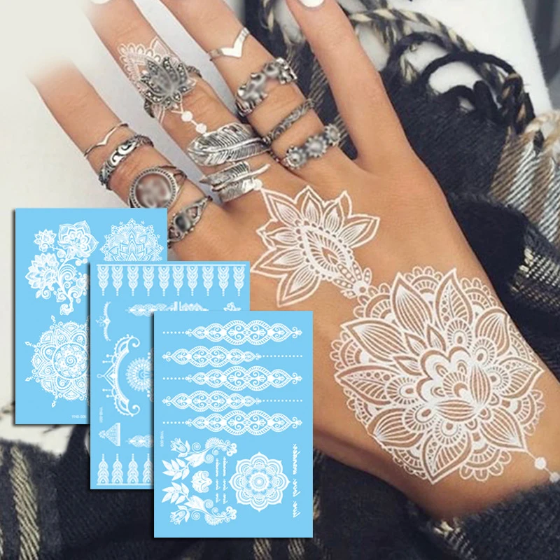 

Henna Tattoo White Lace Waterproof Temporary Tattoo Sticker Body Art Mandala Flower Long Lasting Summer Fashion Halloween Adorn