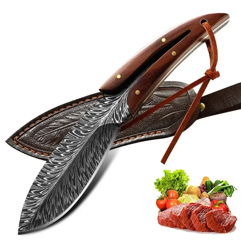 Home kitchen professional feather pattern fruit knife, Damascus steel knife, commercial outdoor self-defense knife, rope cutter