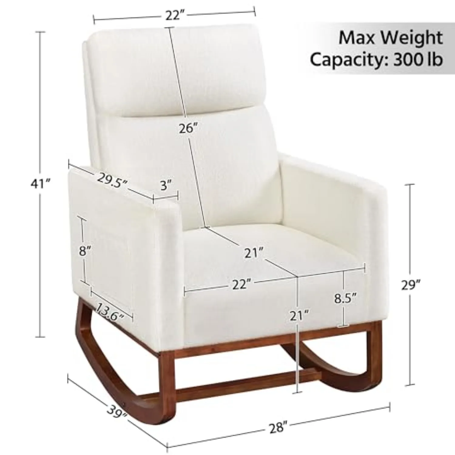 28in Wide Padded High Back Nursery Rocking Chair, Ivory Boucle | Thick Foam Glider Chair, Nursing Chair with High Back