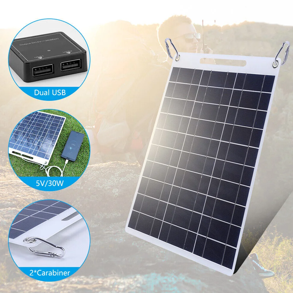 

30W 5V Solar Panel Portable Dual USB Output Fast Solar Charging Panel Kit Outdoor Emergency Battery Charging for Camping Hiking