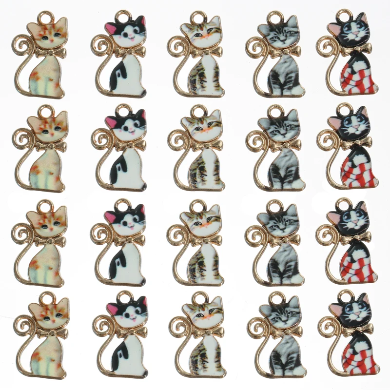 HEYUYAO 10pcs/lot Mixed Cute Cat Charms Enamel Alloy Animal Pendant DIY Neckalces Earrings for Jewelry Making Accessories