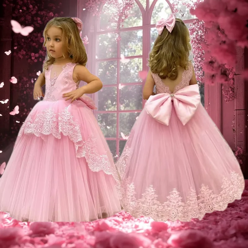

Lovely Quality Flower Girl Dress Pink Tulle Fluffy Lace Applique For Little Princess Wedding Party Birthday Evening Ball Gowns