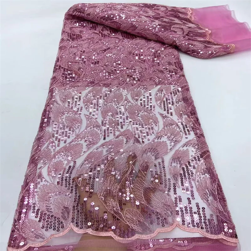 2024 Pink  High Quality French Nigerian Embroidery Net Fabrics 5 Yards African Sequins Lace Fabric For Wedding Dress Sewing