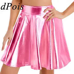 Women Shiny Metallic High Waist Skirts Glossy Ruffle Mini Skirts for Woman Clubwear Rave Music Carnival Party Costume Dancewear