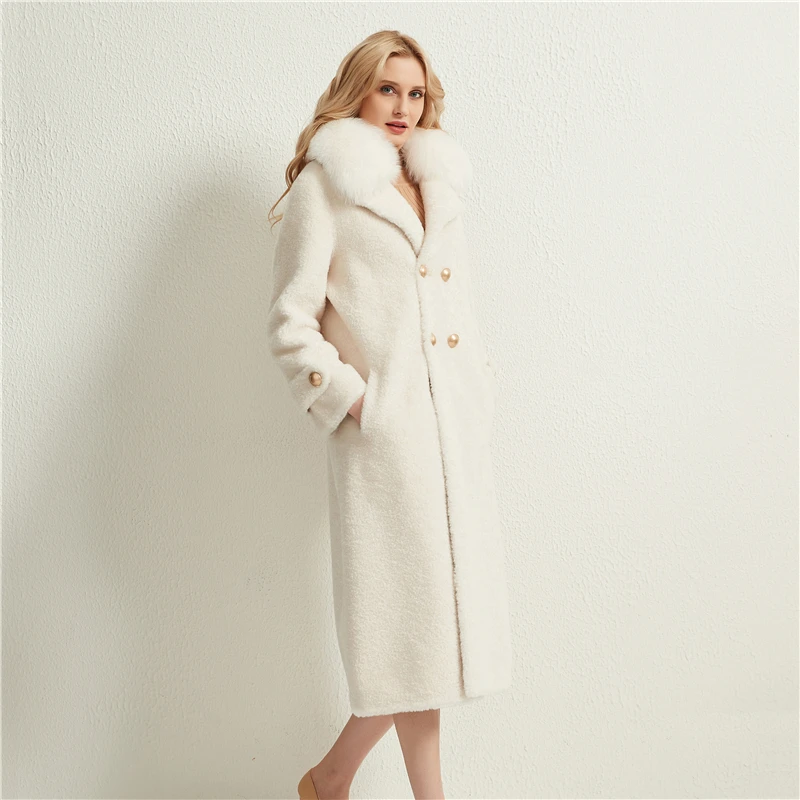 Pudi women X-long real sheep fur coat jacket female winter fox fur collar jackets parka trench H1706