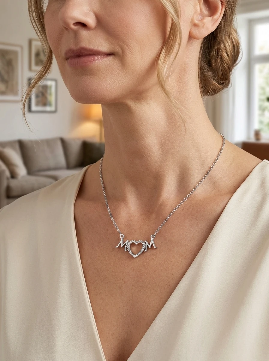MOM Letter Pendant Necklace Sparkling Full Crystal Inlaid Hollow Heart Hypoallergenic Sentimental Jewelry Gift for Mother's Day