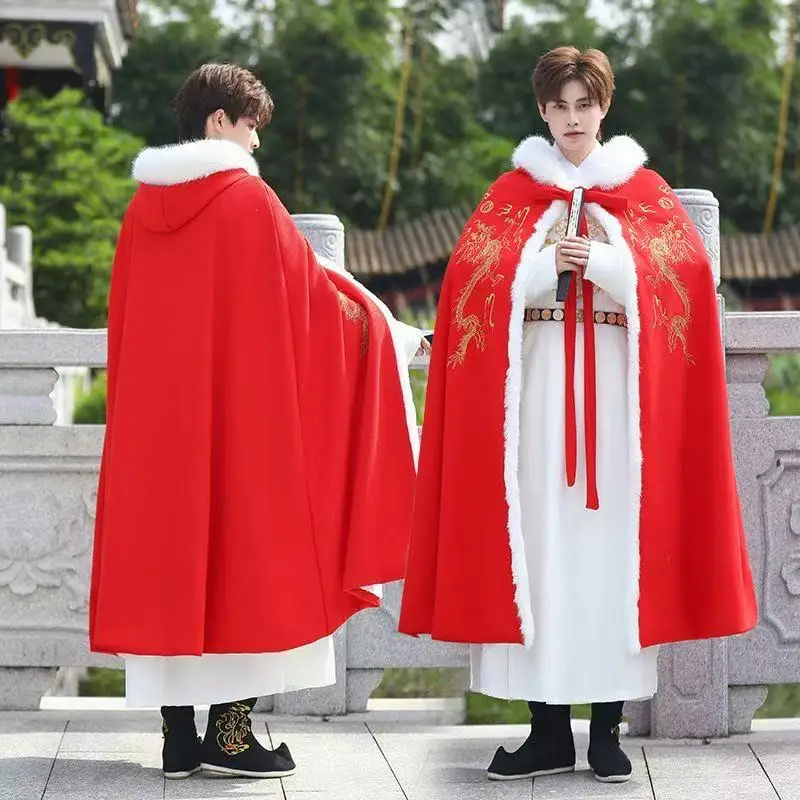 Capa de inverno vermelha da sorte, masculina, feminina, tradicional chinesa, casamento, hanfu, longo, robe, dragão, bordado, gola de pelúcia, capa de evento de natal