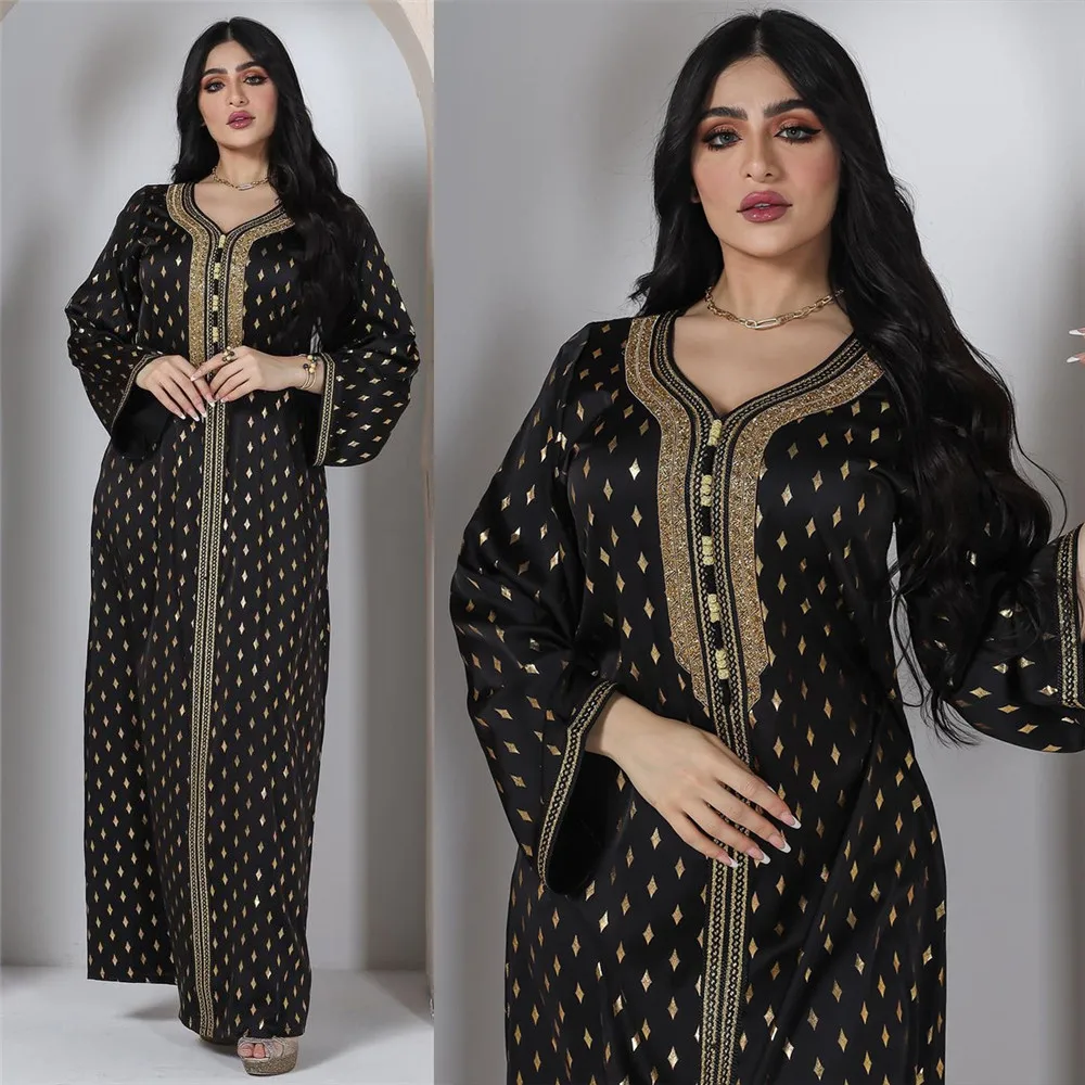 

Gold Stamping Jalabiya Kaftan Dress for Women Dubai Abaya Casual Modest Robe Muslim Arab Moroccan Caftan Party Feminine Clothes