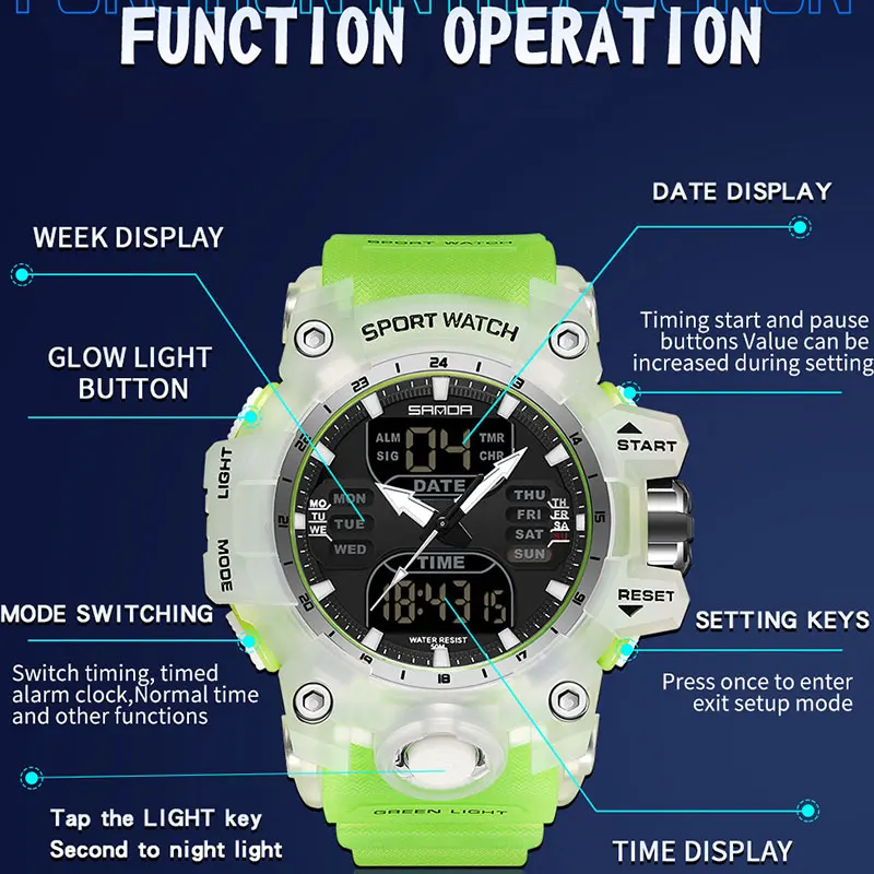 SANDA Dual Display Men Watches Waterproof Sports Watch Military Man Alarm Stopwatch Quartz Wristwatch Male Digital Clock 6126