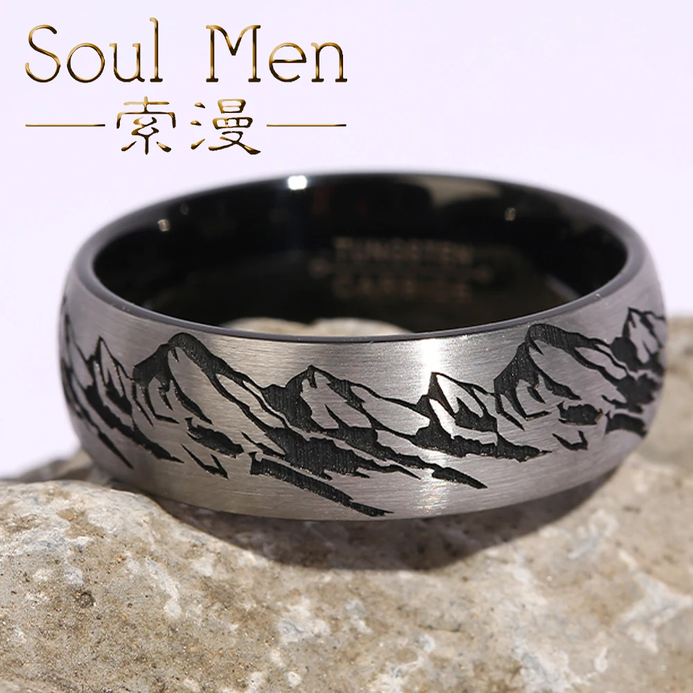 8mm Black Silver Color Tungsten Carbide Wedding Ring Inlaid Sculpture Fishing Brushed Wedding Band for Men Women