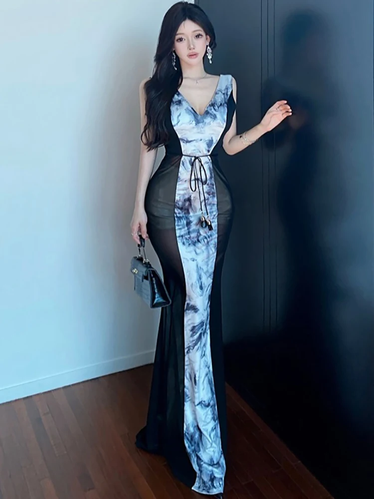 Women Print Mesh Patchwork Sheer Sexy Sling Long Dress 2025 Korean Vintage Luxury Evening Dress Summer Elegant Bodycon Vestidos