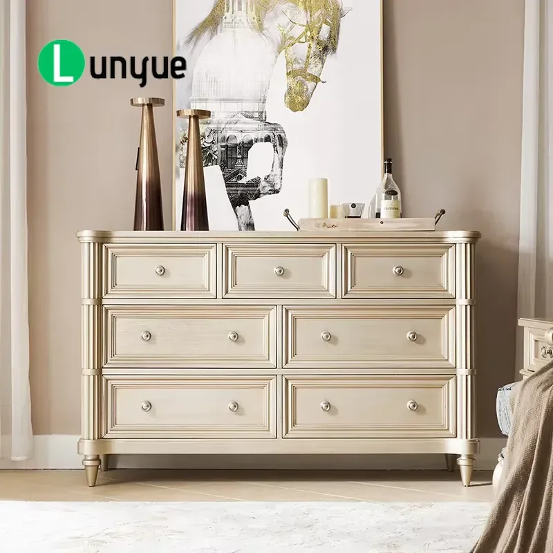 American Vintage Solid Oak French Country Style 7 Drawer Dresser Faux Design Bedroom Entrance TV Media Rack Storage Furniture