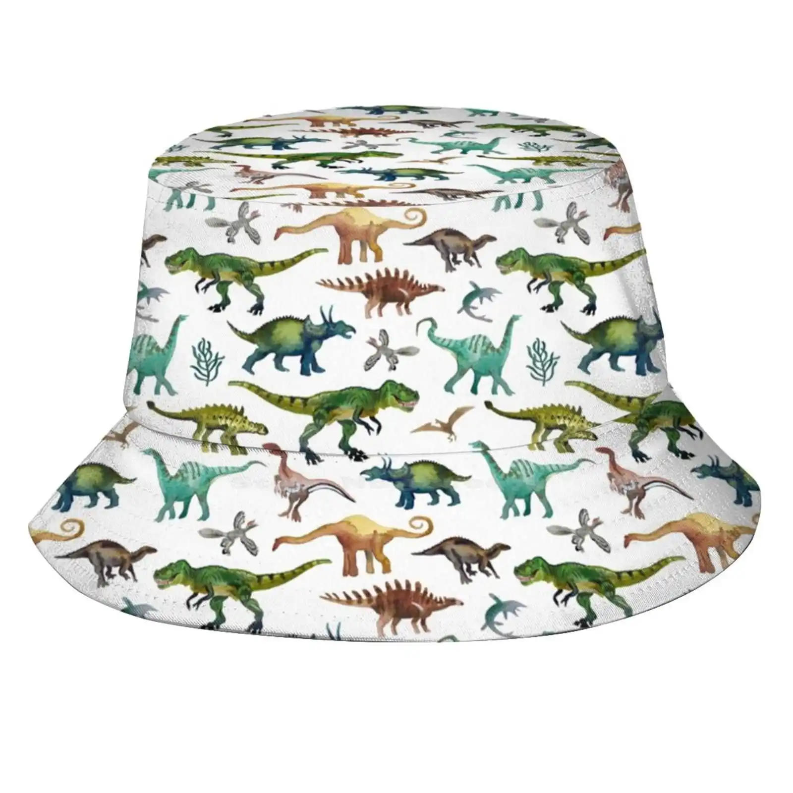 Dinosaurs Hand Painted Watercolor Natural Colours. Sun Cap Fisherman Hat Bucket Hats Dinosaurus Hand Painted Colourful