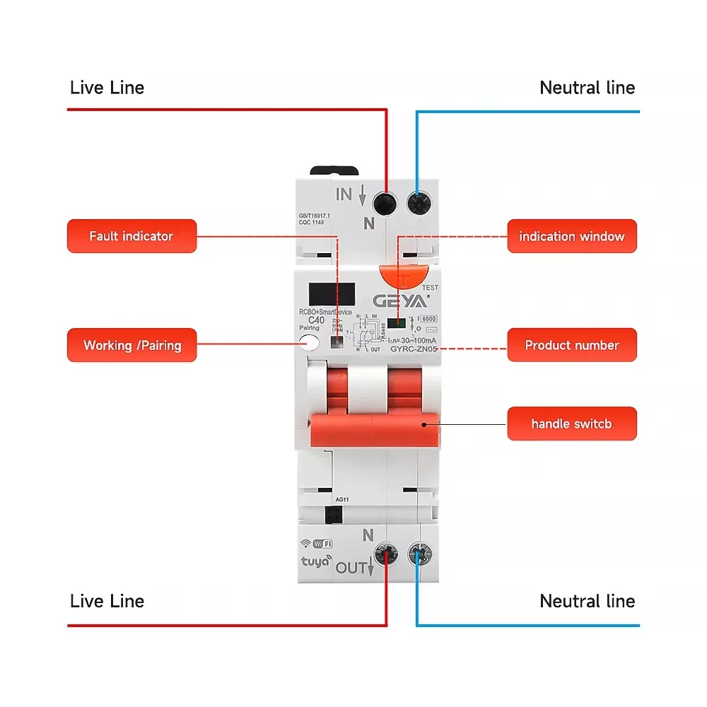 GEYA قطاع دارة ذكي التيار المتبقي WIFI TUYA RCBO LED قطاع دارة حماية التسرب مع حماية التيار الزائد