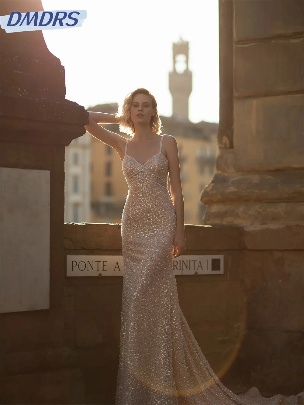 

Charming Spaghetti Strap Wedding Dress 2024 Sexy Sequined A-Line Evening Gown Simple A-Line Wedding Gown Robe De Mariee