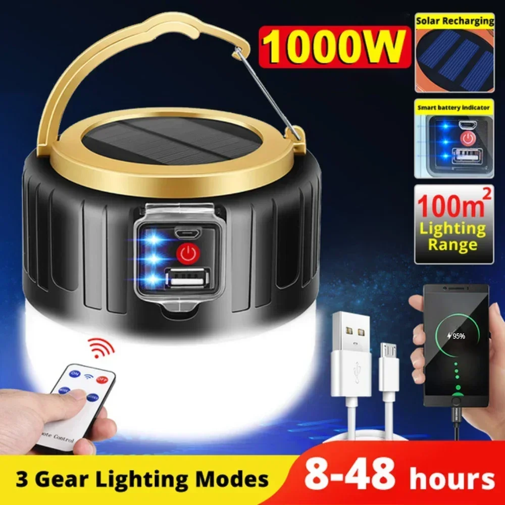 1000W Outdoor Solar LED Camping Light USB Rechargeable Tent Lamp Portable Lanterns Emergency Lights For BBQ Hiking Night Market