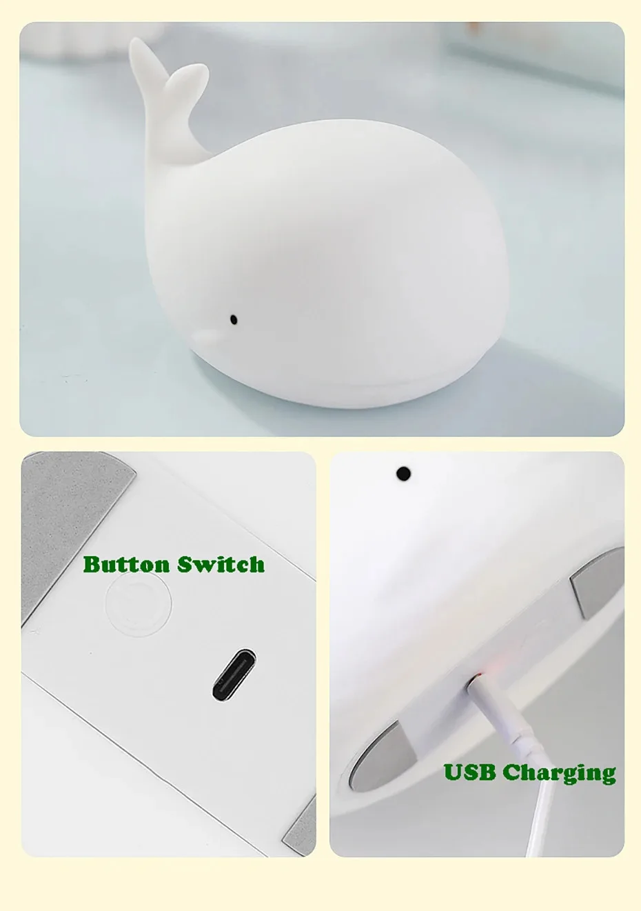 Soft Silicone Cartoon Whale Night Light For Children Room Decor USB Rechargeable Kids Bedroom Sleep Lamp Dropshipping