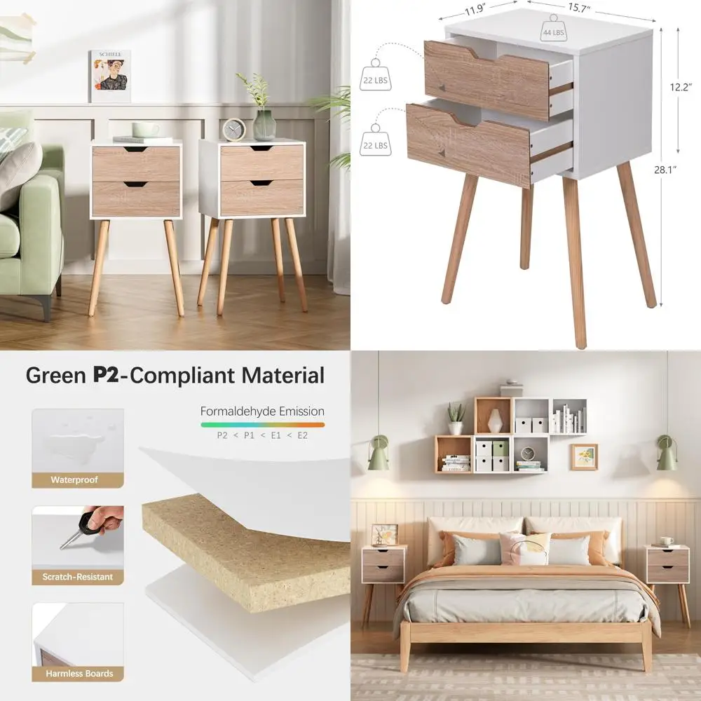 Bedside Tables Set of 2 with Drawers, Solid Wood Legs, Large Storage, Nightstands for End Tables