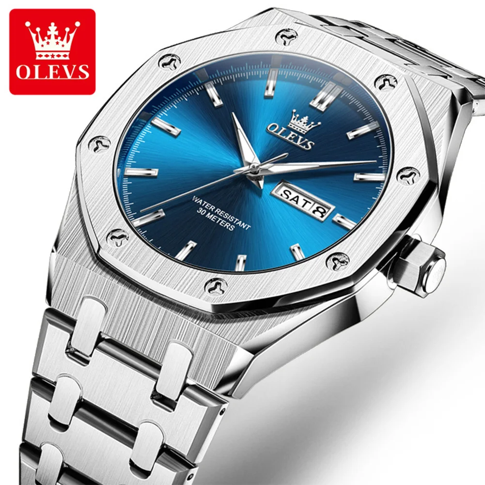 

Часы OLEVS для мужчин, ремешок из нержавеющей стали, водостойкий светящийся двойной календарь, деловые наручные часы, оригинальные кварцевые мужские часы 3726