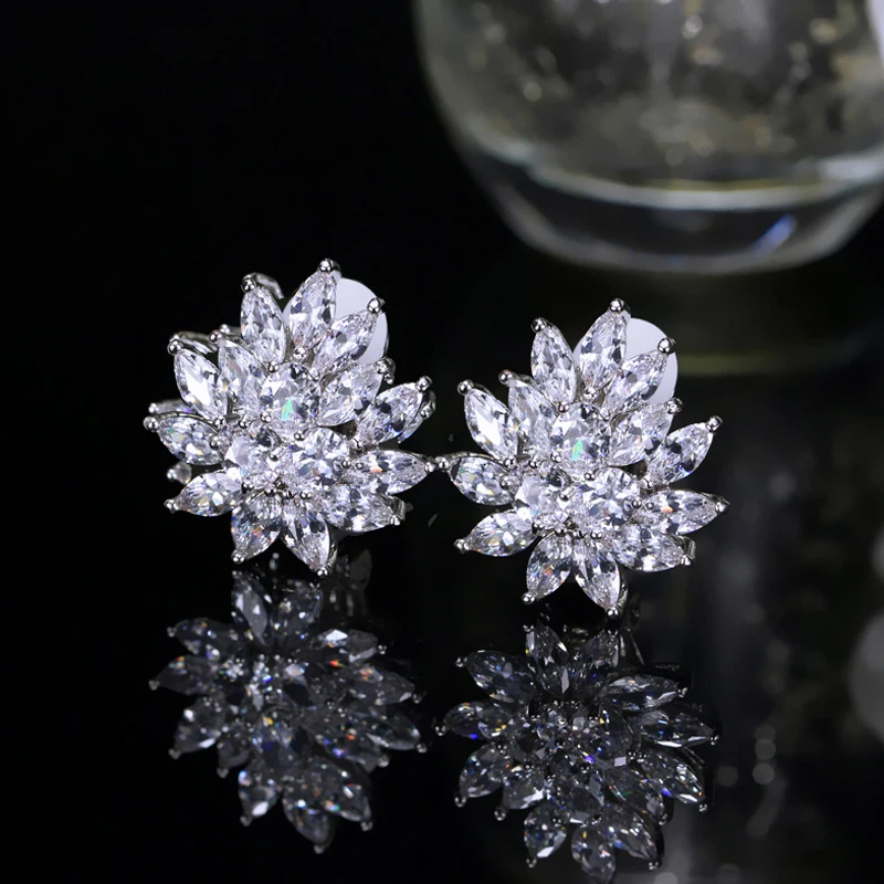 ThreeGraces Shiny Cubic Zirconia Elegant BIg Flower Clip On Earrings for Women Fashion Wedding Bridal Party Jewelry EJ53