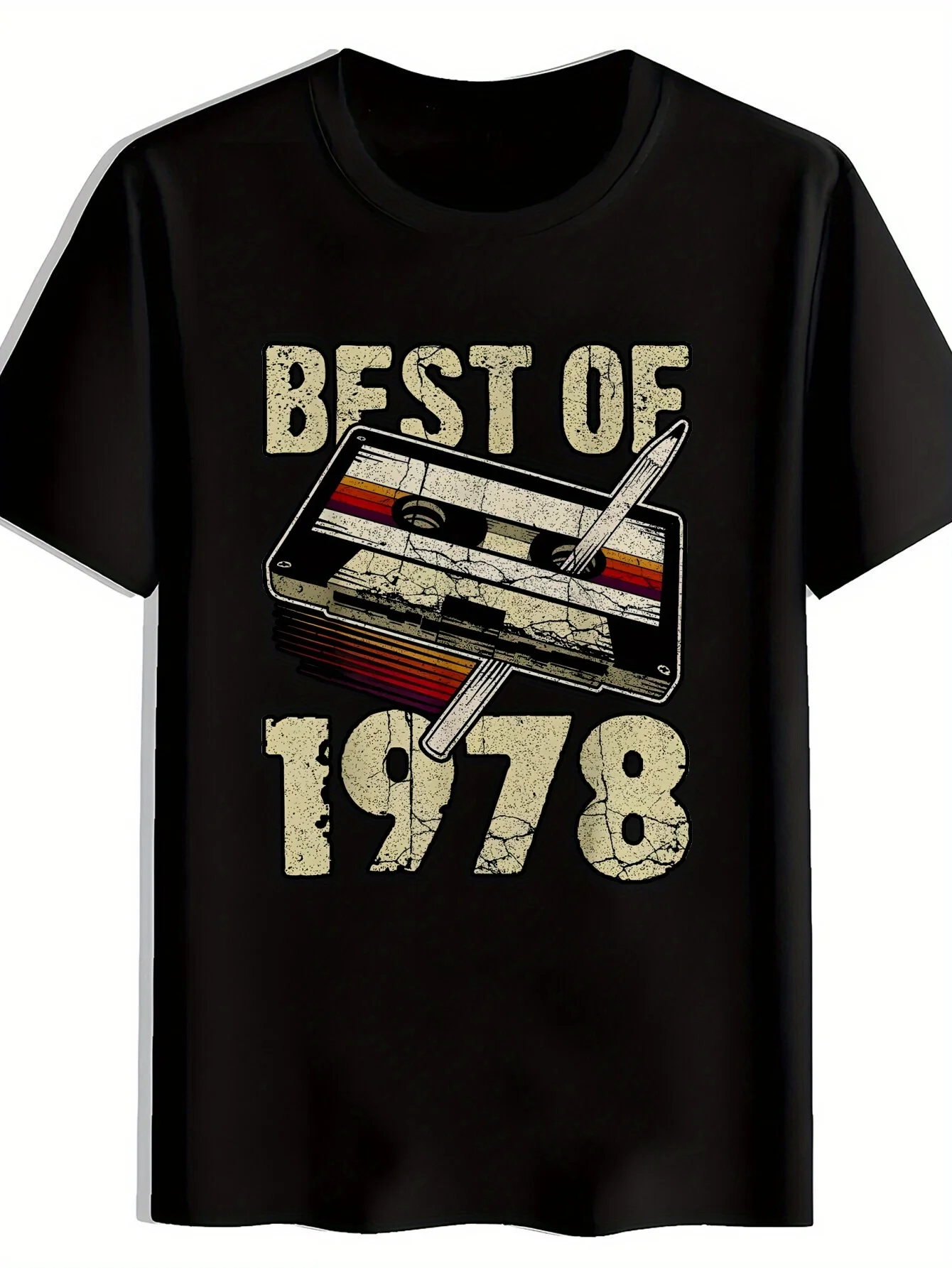 Men's Casual Crew Neck T-Shirt with Cassette Tape Color Stripe Print Versatile Black Printed Pattern Men's Top Gift for Men