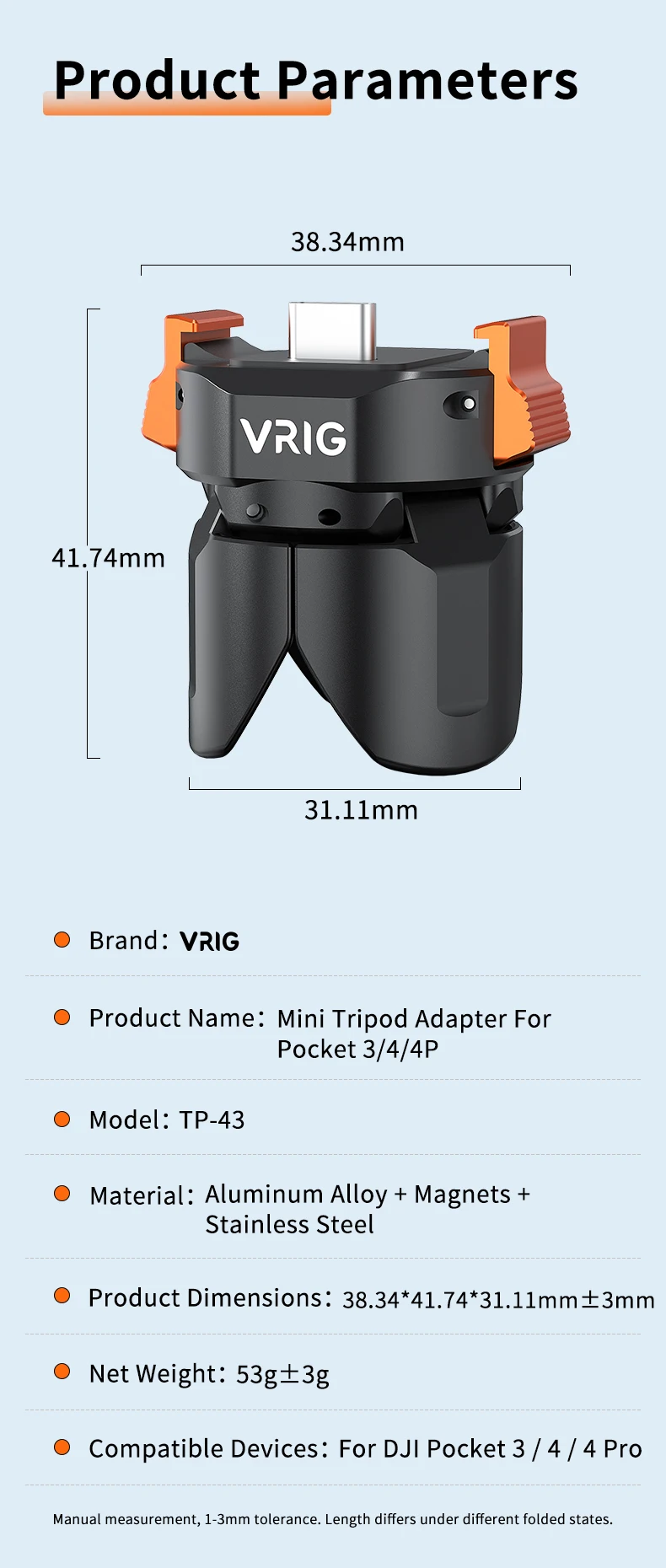 VRIG Ladegerät Typ-C Schnellverschluss-Stativ für DJI Osmo Pocket 3/4/4 Pro, Automatisch Öffnendes und Schließendes Aluminiumlegierungs-Ministativ – Detail 11