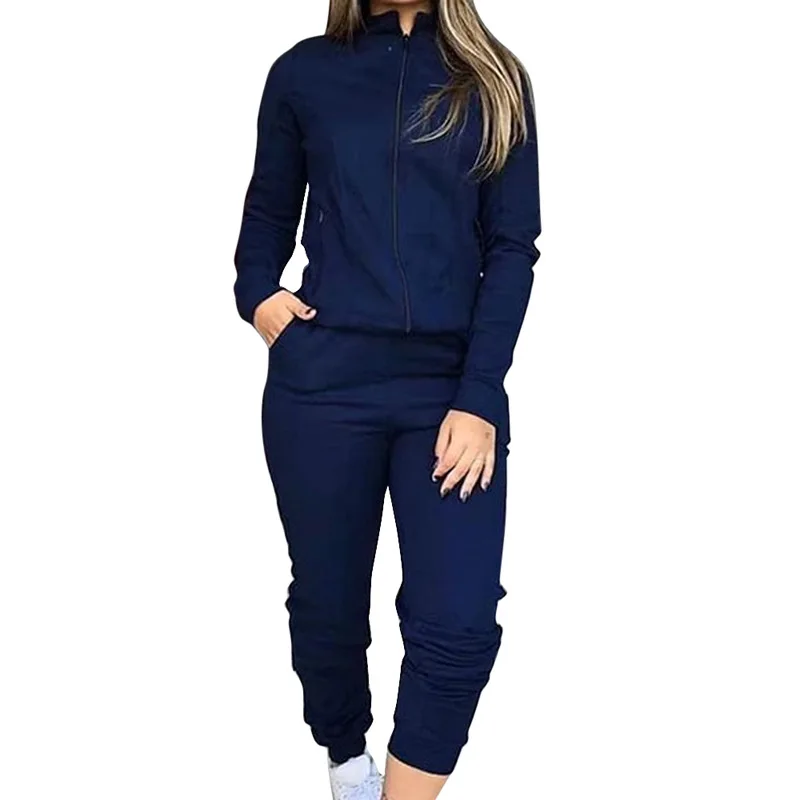 Women Pant Sets Pocket Long Pants Solid Casual Spliced Zipper Stand Collar Coats Full Sleeve Jackets Outwear Lady Regular