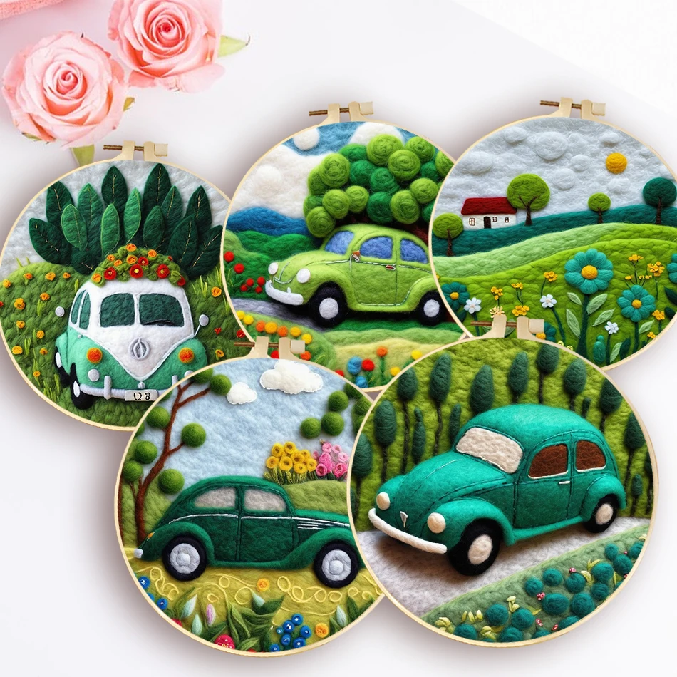 20x20cm DIY Wool Felting Painting With Embroidery Funny DIY Wool Needle Felt Green Car Picture Frame Handicrafts For Mom Gift