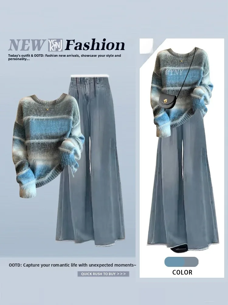 Faionable outono inverno azul dopane conjunto feminino ele cor blo redondo ne camisola perna larga emagrecimento jeans combinação