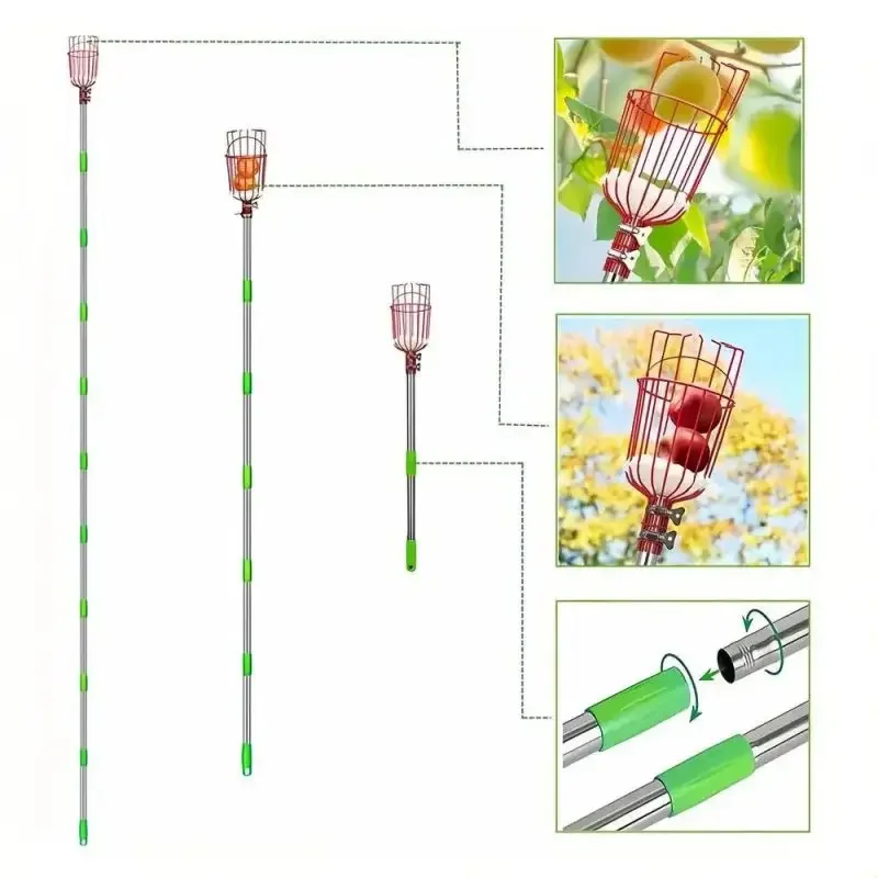 Stainless Steel Retractable Fruit Picking Cutter Detachable Orchard Metal Picker Metal Rust-Proof Fruit Aerial Collector