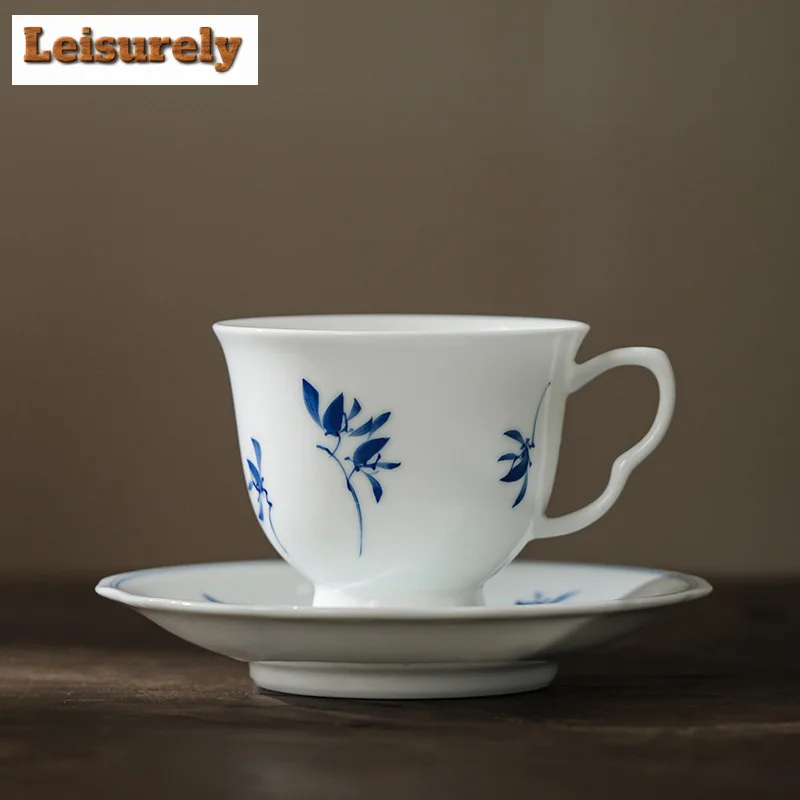 

145ml Pure Hand-painted Butterfly Orchid Coffee Cup Saucer Set Dehua White Porcelain Cappuccino Latte Cup Oatmeal Breakfast Mug