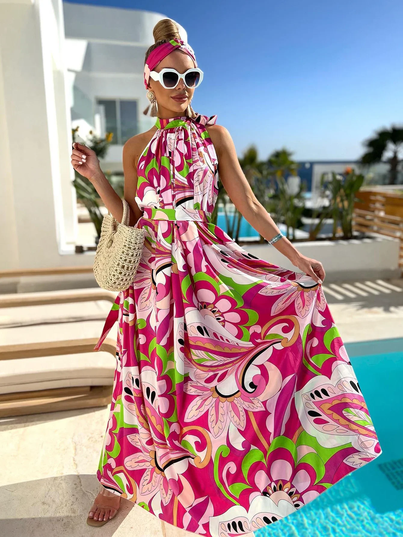 여성을위한 우아한 꽃 프린트 긴 드레스 2023 패션 홀터 비치 드레스 느슨한 여름 비키니 커버 휴가 Boho 가운