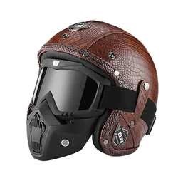 Casco de Moto de cara abierta, accesorio alemán, Vintage, Retro, de cuero PU, para Motocross, Scooter, Jet, con gafas, DOT