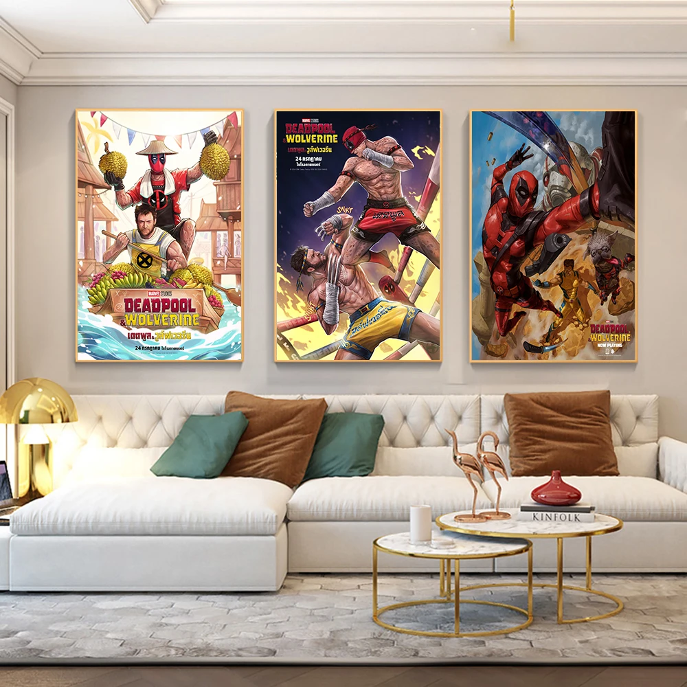 Funny Marvel Deadpool And Wolverine Hold Durian Banana Fruit Wall Art Canvas Painting Prints Children's Room Home Wall Decor