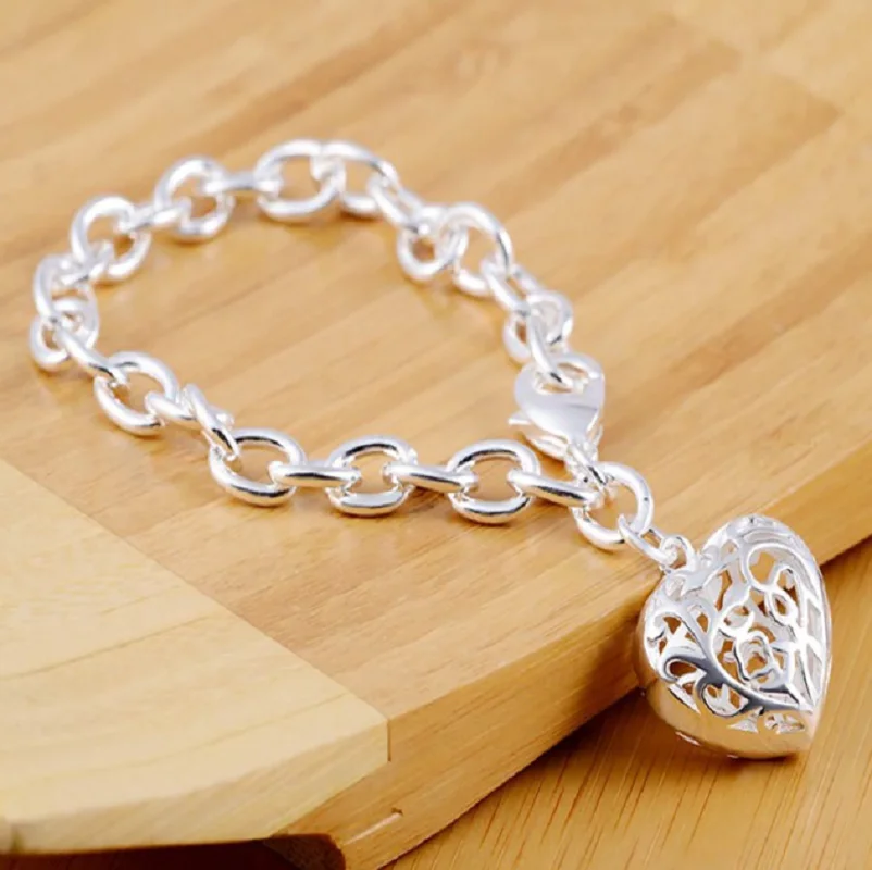 New 3D Heart Charm Bracelets For Women Men Hollow Out Love Pendant Silver Plated Shinning Simple Fashion Couple Jewelry Gift