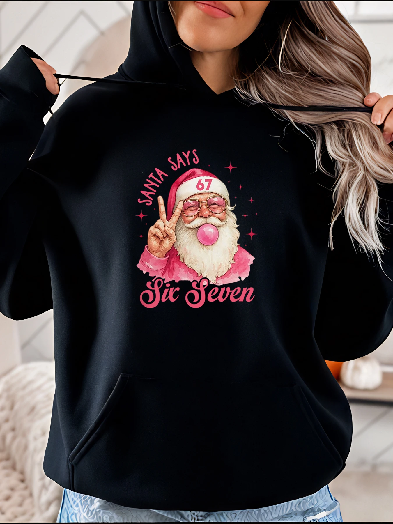 Moletom com capuz de Papai Noel com estampa de Natal feminino casual presente de moda de férias para mulheres