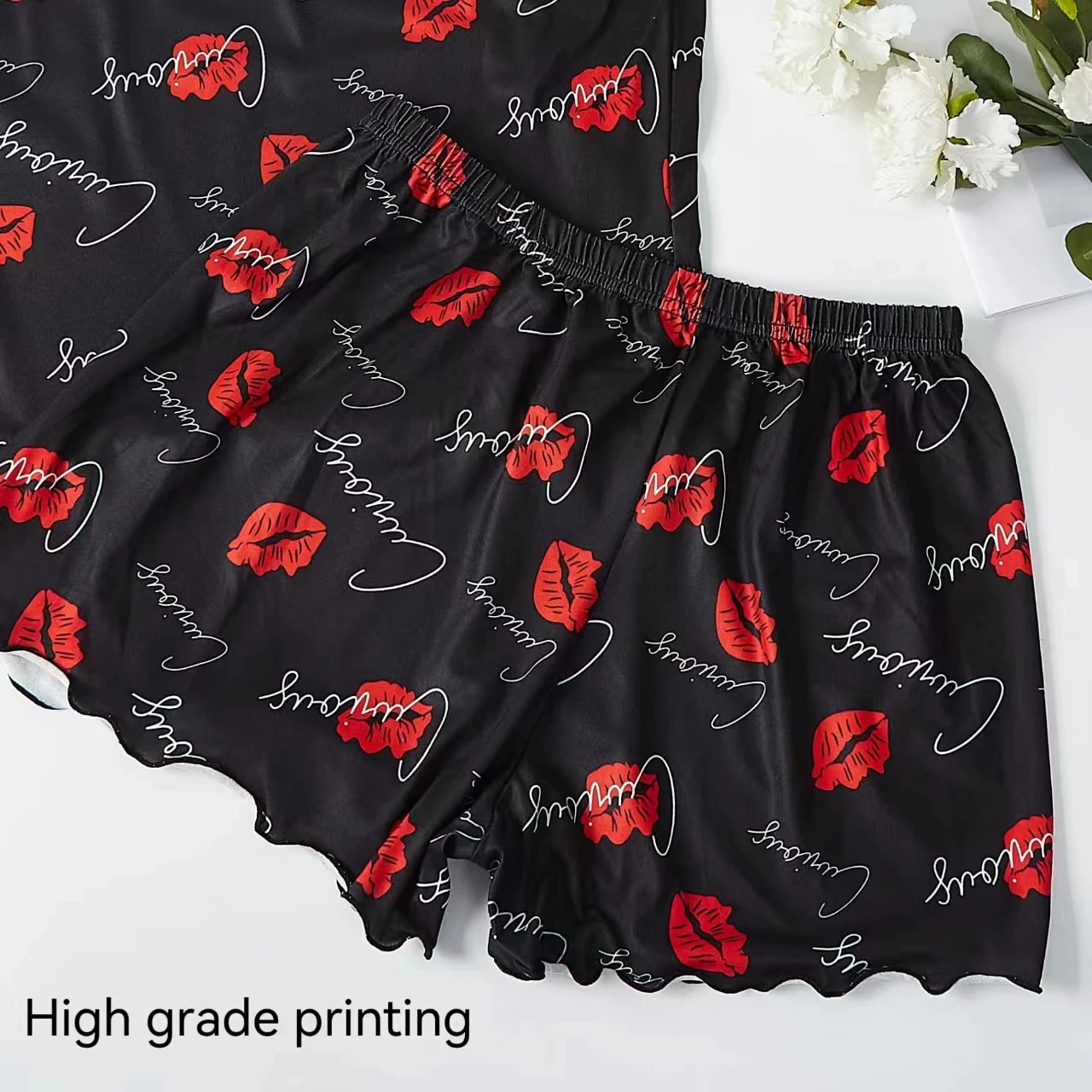 Women Pajamas Sleepwear Pajama Set Camisole Shorts Black S M L Red Lip Print Scoop Neck Ice Silk Comfortable Casual